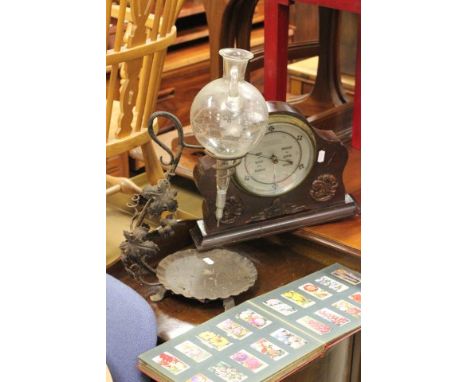 Eraly 20th century Mantle Barometer, Etched Glass Wine Dispenser of Wrought Iron Stand and a Wills Cigarette Card Album
