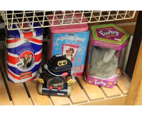 Tomy Robot Radio, Boxed Furby, Are you being served Tin and an Only Fools and Horses Tin