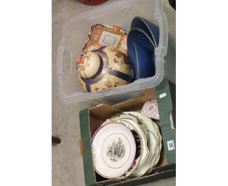 Mixed Lot of Ceramics including 19th century Plates, Ginger Jar & Lid. Three Blue Glazed Pottery Bowls on Stand, Trinket Boxe