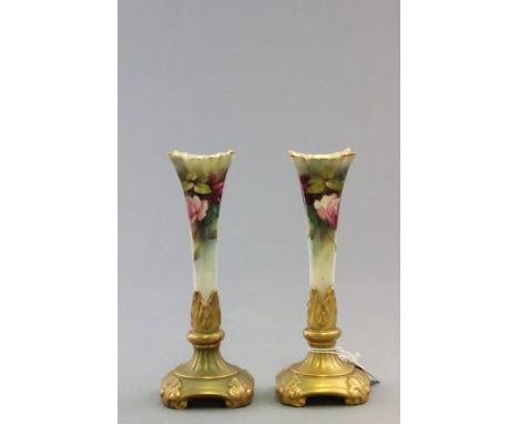 Pair of Royal Worcester Vases of Slender Trumpet Shape, hand painted with floral decoration, shape No. 1728