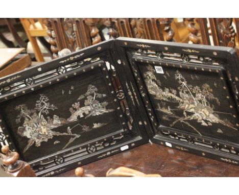 Pair of Chinese Hardwood Panels with Mother of Pearl decoration depicting Garden Scenes
