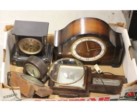 Victorian Slate Mantle Clock, Three Other Clocks and a Barometer