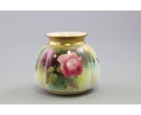 Royal Worcester Vase, hand painted with roses beneath a gilt rim, marked H158/1554