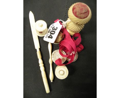 Late 19th / Early 20th century Bone Tape Measure and another Tape Measure, Two Mother of Pearl Mounted Pin Cushions, Ivory Pi