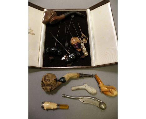 Vintage Carved Pipe and other Pipes, Bosuns Whistle and a Quantity of Hat Pins