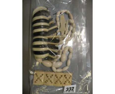 Horn Segment Bangle, Bone Bead Necklace, Bone Fish Pendant and Bone Panel Bracelet 