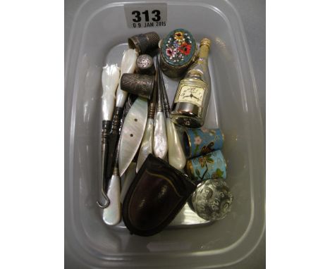 Nine Items of Mother of Pearl Handled Manicure Items, 5 Thimbles (two silver, two cloissone) and another Cased, Champagne Bot