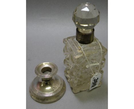 Cut Glass Scent Bottle with Stopper & Silver Collar, Birmingham 1896 together with a Silver Desk Candlestick, Birmingham 1946