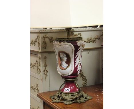 Porcelain Table Lamp decorated with Roman Figures on Gilt Metal Foliate Base with Shade