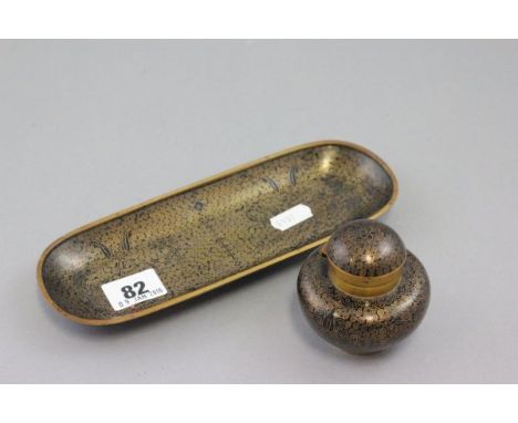 Cloisonne Black and Gilt Inkwell and Pen Tray