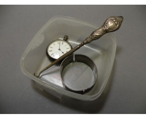 Silver Pocket Watch with Chester Hallmarks, Silver Bangle and a Lace Puller