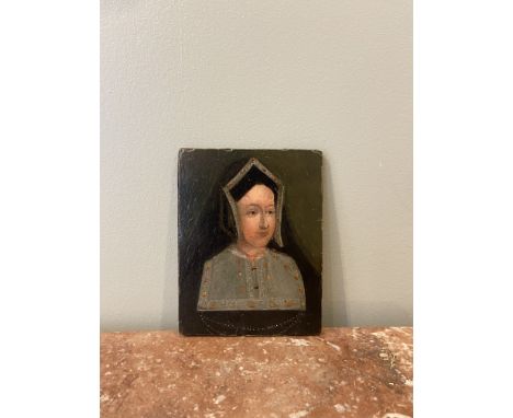 A very early portrait of Catherine of Aragon. English School. Oil on beveled oak panel.  Dimensions: (Panel) 5 in (H) x 3 7/8