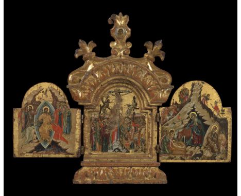 Cretan, 16th century. An exceptionally fine antique triptych icon: Scenes from the Life of Christ. Tempera on wood panel. Evi