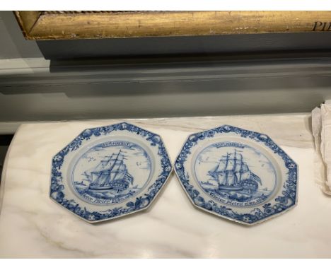 A pair of fine Liverpool Delftware octagonal ship plates. Dated 1761. Painted in blue with a three-masted Dutch vessel. Inscr