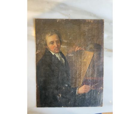 [o] [Δ ] Self-portrait of an artist. Oil on canvas. Unframed and un-stretched. Dimensions: 11.25 in (H) x 8.75 in (W)