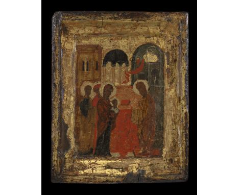 Antique Greek Icon of 'The Presentation of Christ in the Temple'. Greek, Macedonian. Circa 1470. Tempera on wood panel. Condy