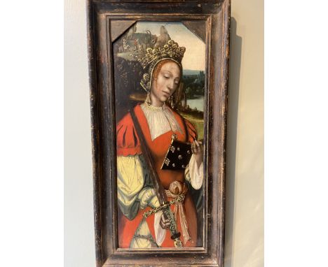 Saint Catherine Holding a Sword. Flemish, c. 1530. Oil on panel. Likely the wing of a triptych. Provenance: Christie's 20 Jul