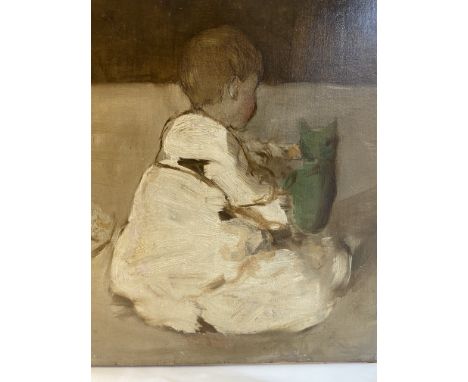 Portrait of a Child with a Toy. English school circa 1900. Oil on canvas. Unframed. Dimensions: 16 in (H) x 13.75 in (W)