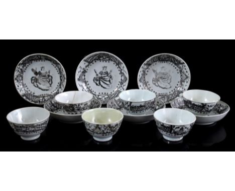 6 porcelain Encre de Chine/Grisailles cups and saucers with contoured rim, decorated with 'Juno with the peacock', China Qian