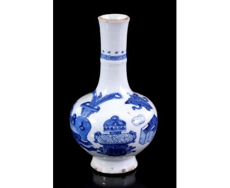 Porcelain vase depicting various objects including incense pots, vases, table with bowls and symbolic signs, China Kangxi per