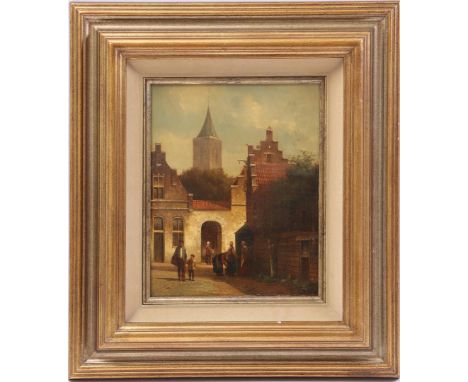 Unclear signed, cityscape with figures, after the old master, panel 29x23 cm
