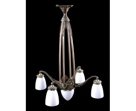 Art Deco 4-light iron hanging lamp with opaline chalices, the Netherlands, 1930s, 70 cm high
