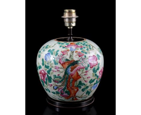 Porcelain vase with Famille Rose decor of 2 phoenixes on a rock between flowers and 3 butterflies on the back, converted into