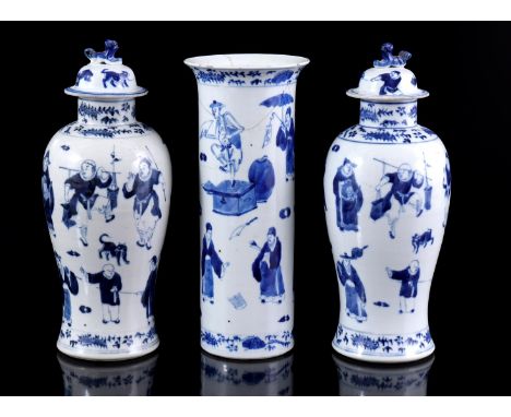 3-part porcelain garniture with blue and white decor of different people and scenes, Kangxi marked, China 19th century (rolle