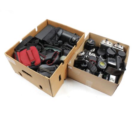 2 boxes with various binoculars, cameras including Canon, Xeiss Ikon Voigtlander, Zenit, Minolta, Kodak, Fuji, Polaroid, 2 Ko