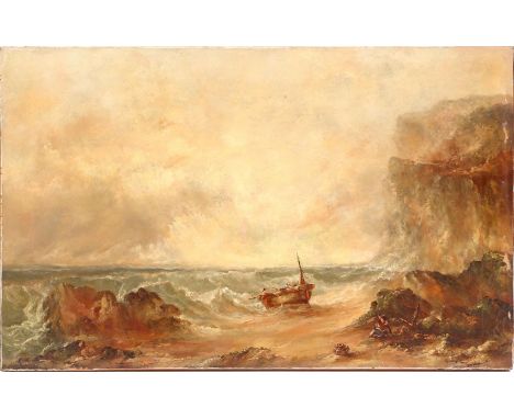 Unclearly signed, seascape with people on the coast with shipwreck and trap and people on boat in the surf, canvas dated 1903