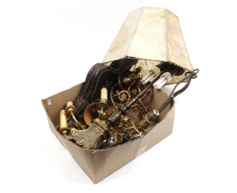 Box with brass 1- and 2-light wall chandeliers, 2-light table lamp with pig's bladder shade and wooden bellows
