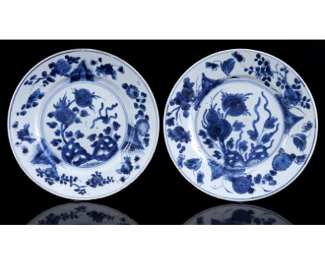 2 porcelain plates with blue and white decor of flowers near a rock, marked on the back, China Kangxi period, 24 cm in diamet