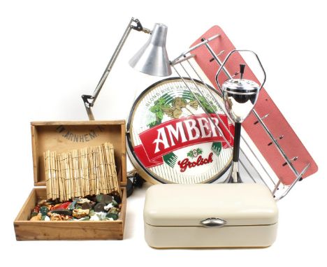 Lot various b.u. enameled bread bin, wall coat rack, architect lamp, Grolsch light sign, standing ashtray and nativity scene 