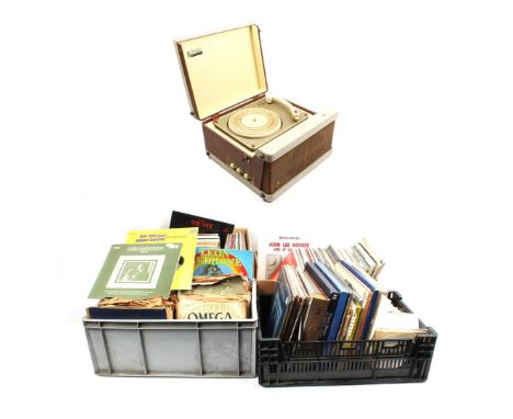 2 boxes and 2 crates with various LPs and singles, with record player