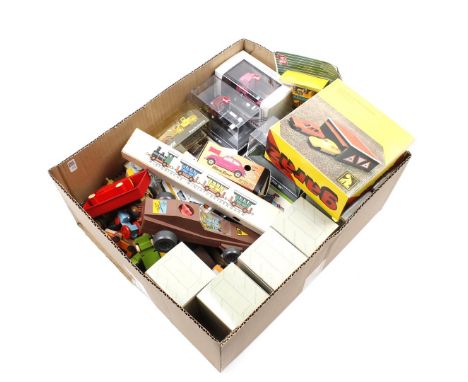 Box with various metal and plastic cars, trains, etc. including the brands Schuco, Herpa, Preiser, Kovap, etc.