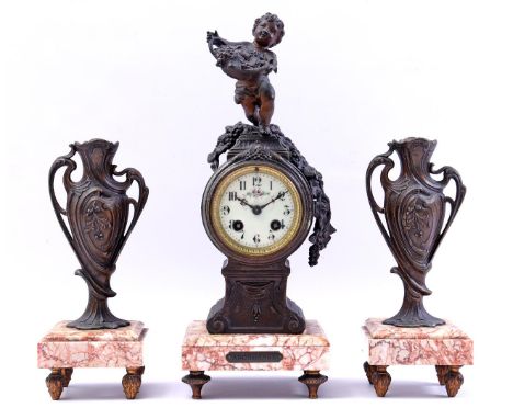 3-piece zamac mantel clock set on marble base and angel with fruit basket on top, Abondance France ca. 1900, 40 cm high