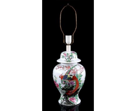 Porcelain lidded vase with a polychrome decoration of a pheasant on a rock amidst flowers, transformed into a lamp, China, la