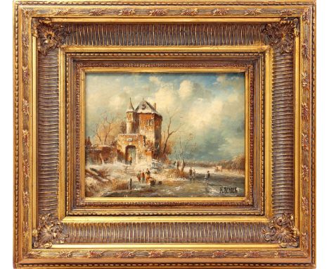 Signed K. Bender, winter scene at a castle, panel 18x24 cm