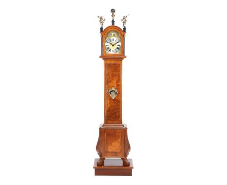 Warmink longcase watch with openwork decoration, blackened half-full columns and moon phase, in walnut veneer case, standing 