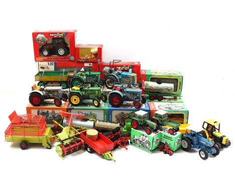 2 boxes with metal and plastic agricultural vehicles and accessories including the brands Gama, Siku, Britains and Kovap