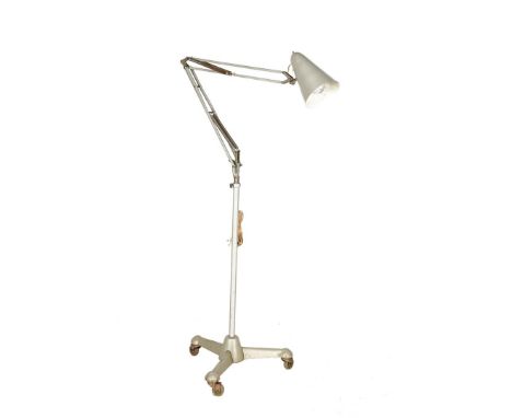 Gray lacquered metal mobile factory lamp, attributed to Hala Zeist, Netherlands 1930s, upright 193 cm high