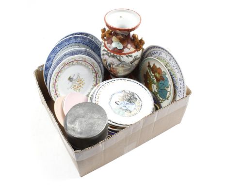 Box various b.u. Kutani vase, pewter tea caddy and porcelain and earthenware dishes