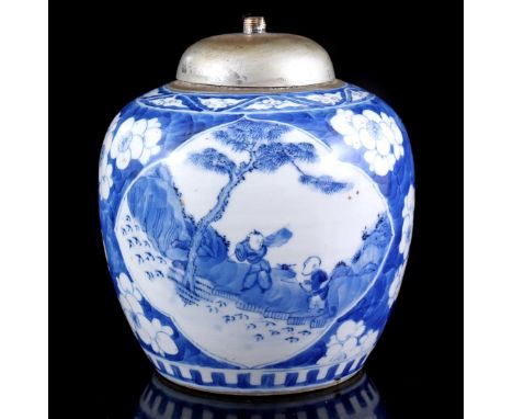 Porcelain 'crackled ice' ginger jar with blue and white prunus decor and fools near pine tree with banner, Qian Long Nian Zhi
