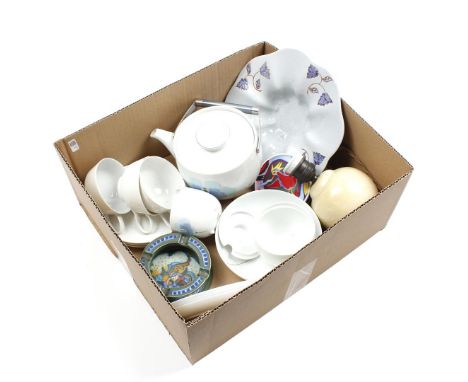 Box with Rosenthal porcelain tableware, Craft Volendam earthenware bowl, Zenith Gouda pottery table lamp base, Zuid Holland p