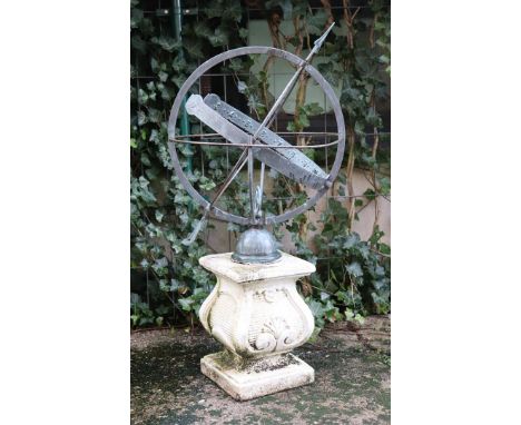 Metal sundial on sandstone plinth, 113 cm high, 55 cm diameter