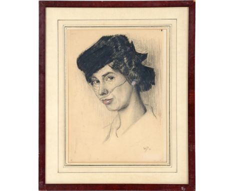 Monogram WS, portrait of a lady with a hat, drawing 40x30 cm