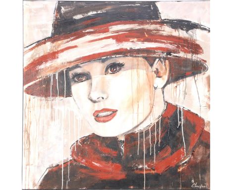 Corrie Leushuis (1952-)Portrait of a woman with a hat, canvas 120x120 cm