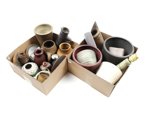 2 boxes with Mobach earthenware vases, bowls, pots, jug, table lamp base and jardiniere