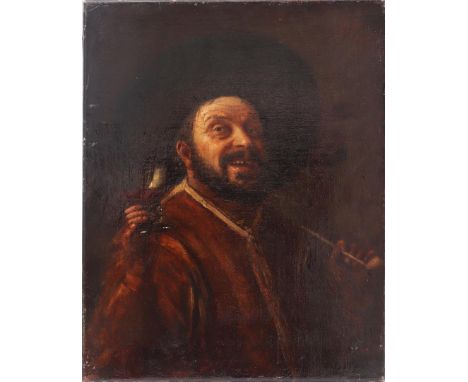 Anonymous, portrait of a man with a rummer in one hand and a clay pipe in the other, after a 17th century example, canvas 50x