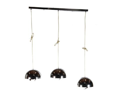 Chromed metal 3-light hanging lamp in the style of Verner Panton, per shade 26 cm in diameter